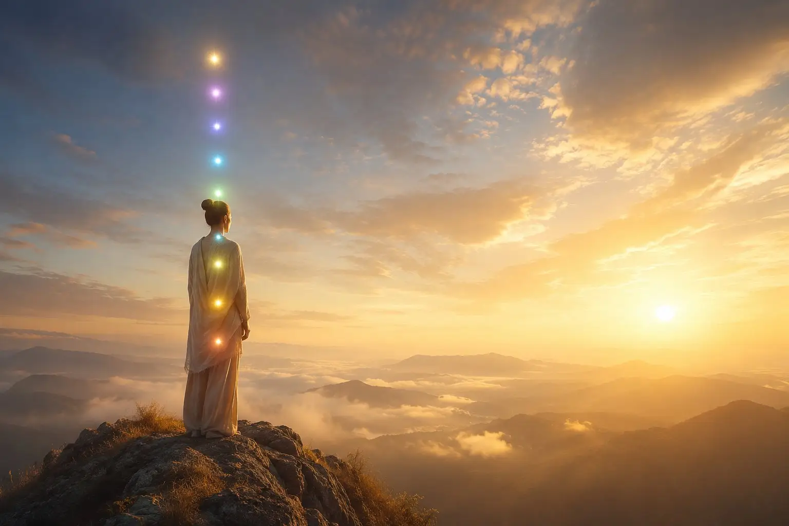 Mensch auf einem Berggipfel mit sieben Chakren als Lichtsäule zum Himmel – Symbolbild für Aufstiegsbegleitung im Energiefeld