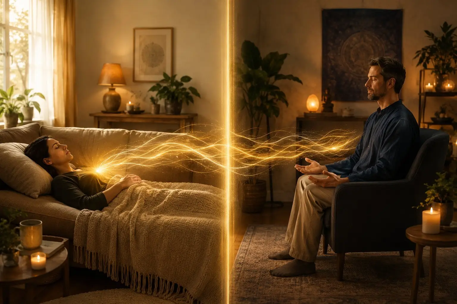 Reiki-Fernsitzung Ablauf – Klient liegt entspannt zuhause, Heiler sitzt im Therapieraum, goldene Energie fließt zwischen ihnen