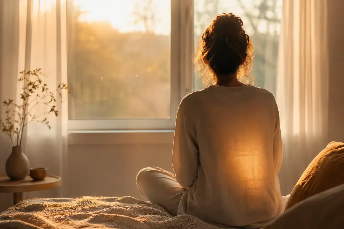 Person sitzt im Morgenlicht am Fenster – Symbolbild für Aufstiegssymptome und innere Veränderung