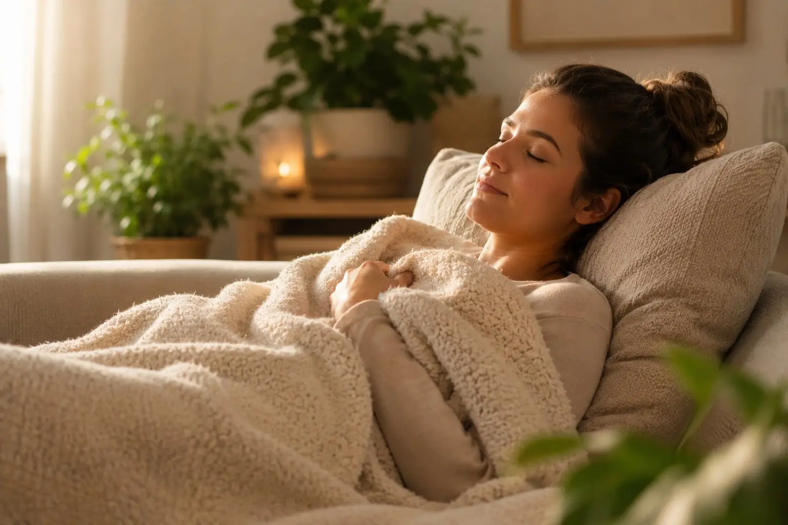 Person ruht entspannt unter einer Decke – energetische Begleitung nach einer Operation