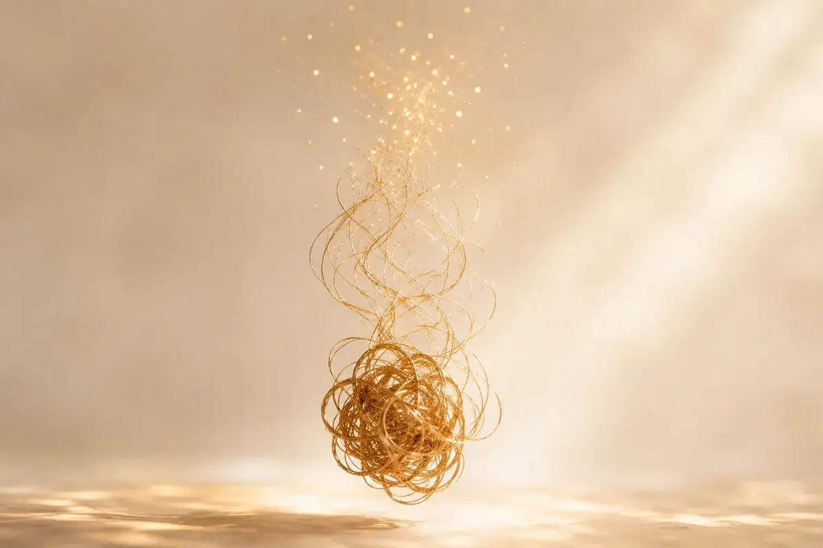 Goldener Knoten, der sich nach oben hin in Licht auflöst – Symbolbild für Karmatrennung