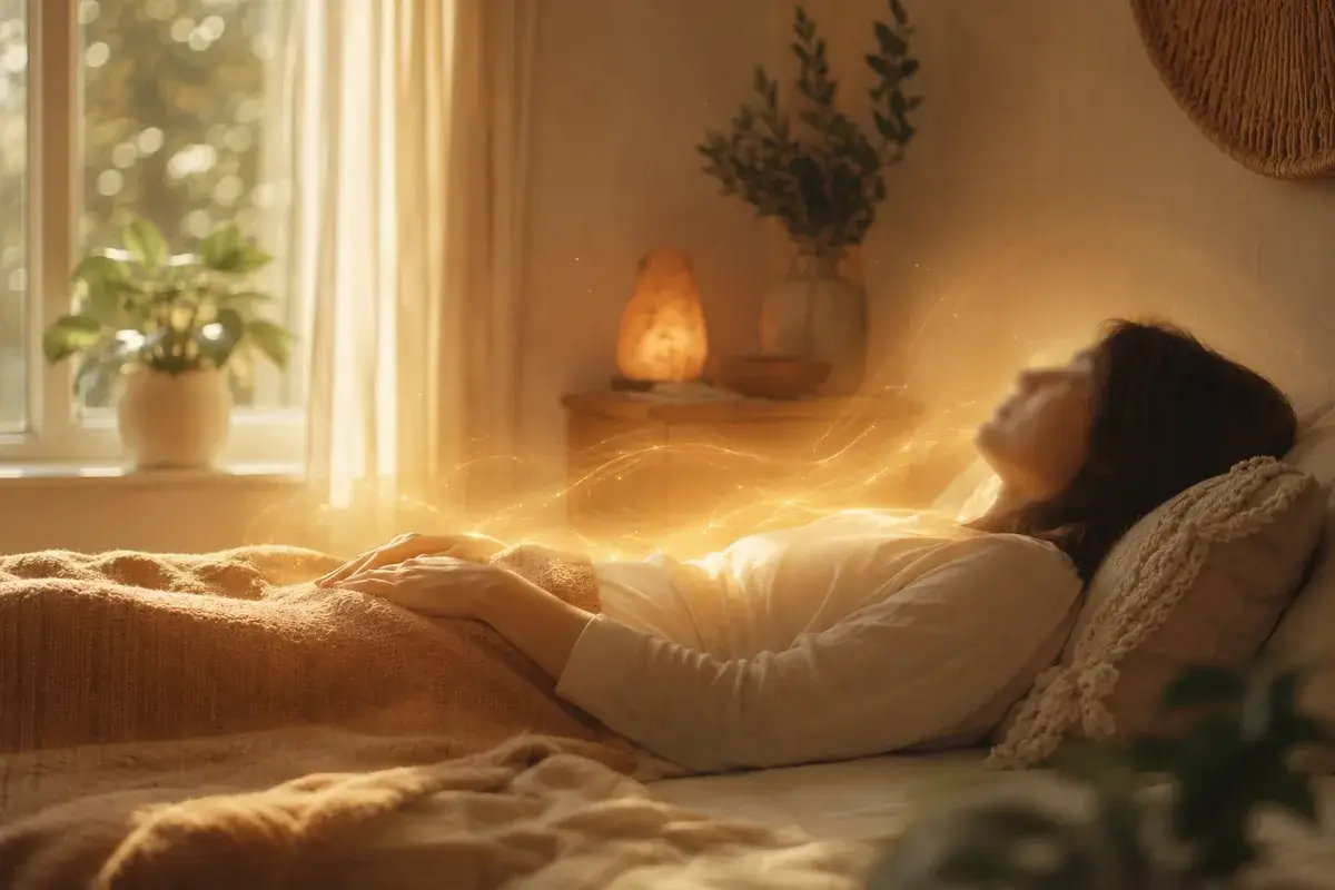Person entspannt zuhause während einer Reiki-Fernbehandlung – warmer Energieschein über dem Körper