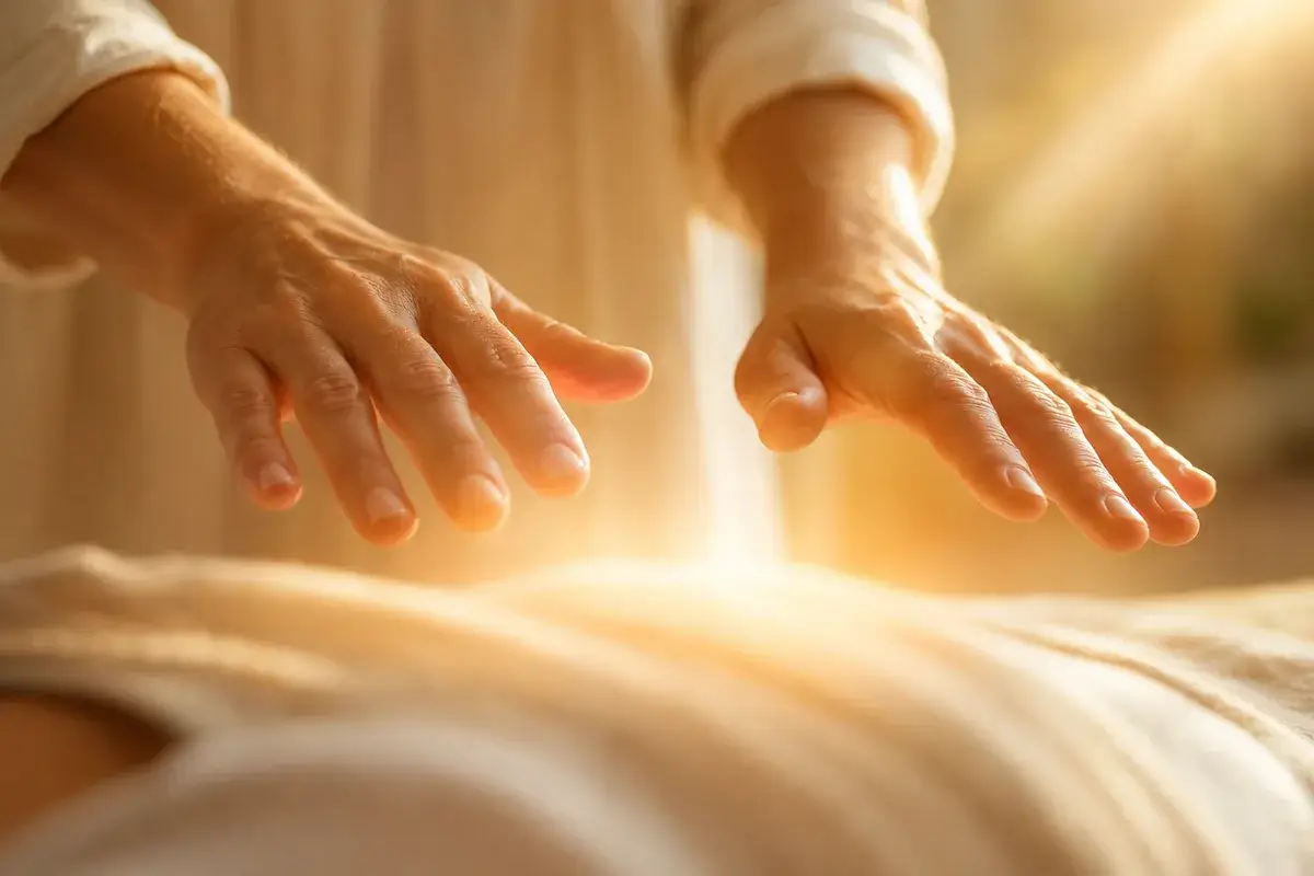 Offene Hände über einem ruhenden Körper – Reiki-Energiearbeit nach Dr. Mikao Usui